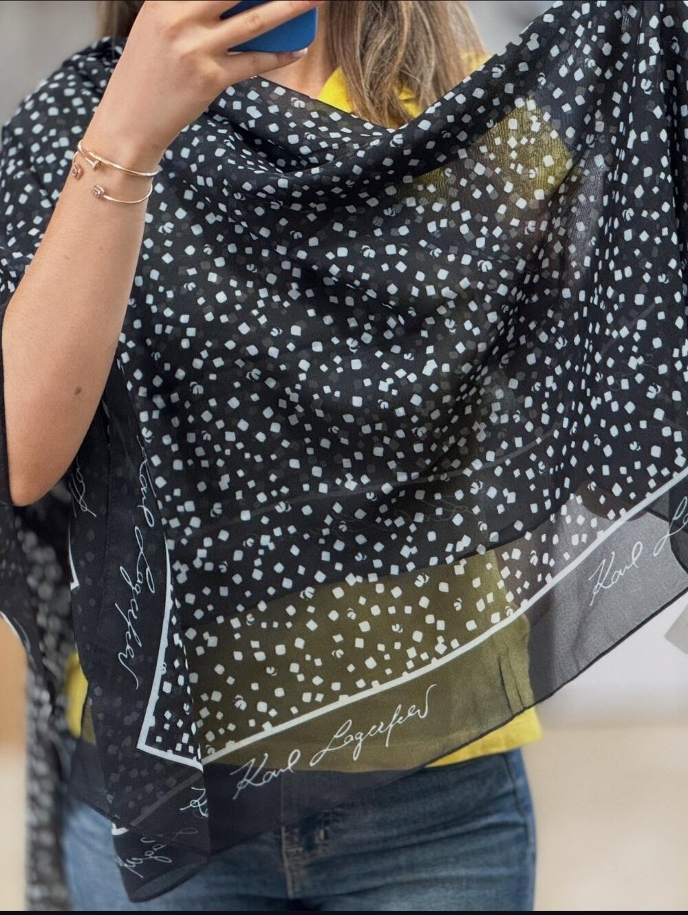 Karl Lagerfeld Black and White Dot Pattern Decorative Scarf